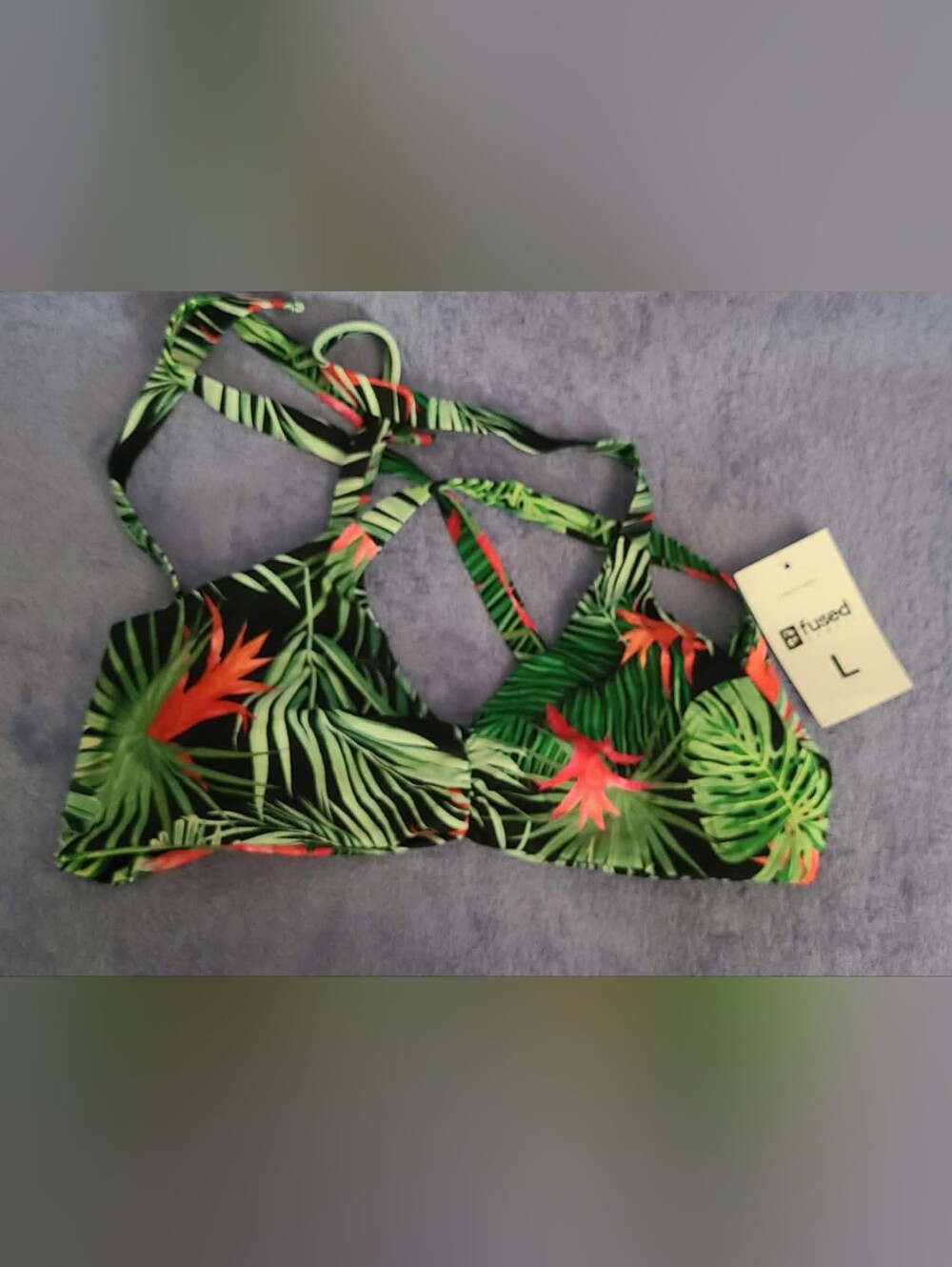 Fused Tropical Leaf Strappy Bikini Top - Green & Red